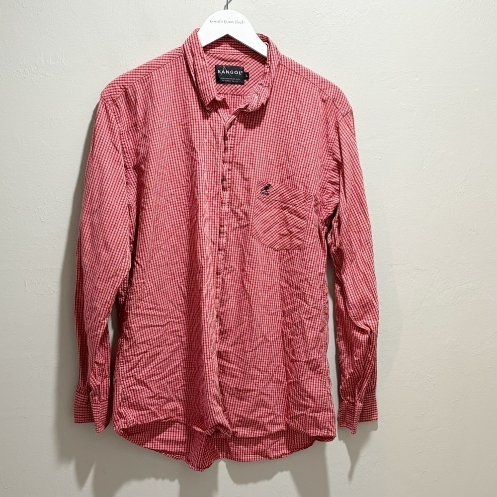 KANGOL Men's Red Plaid Button Down Up Sleeve Shirt Pocket Logo Size Large